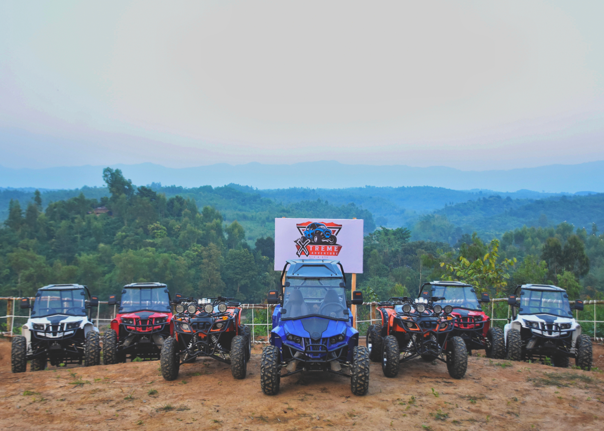 A full fleet of ATVs and UTVs waiting to take you across Bandarban's wildest ridges and forest tracks.